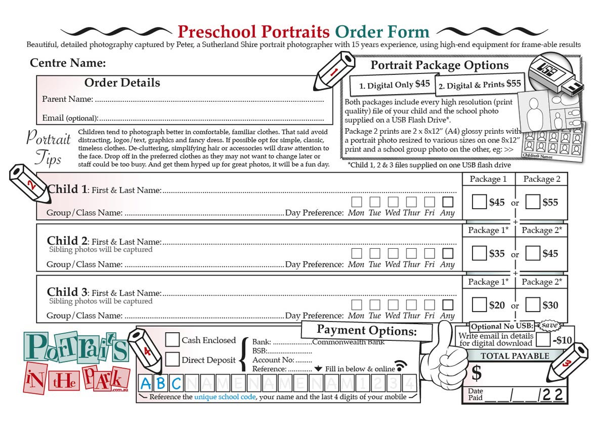 Pre-school Portrait Photography Order Form